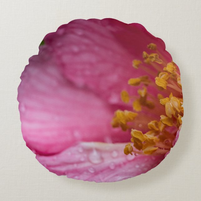 Cojín Redondo Estambres de flores de camellia rosa (Anverso)