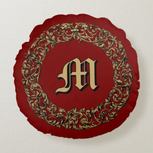 Cojín Redondo Estampa de Monograma de Corona Floral Barroco Roco