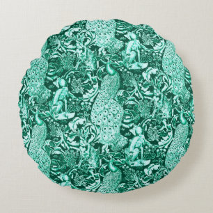 Cojín Redondo Estampa de pavo real Art Nouveau, turquesa y aqua
