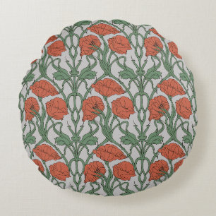 Cojín Redondo Estampa floral de amapola roja Art Nouveau
