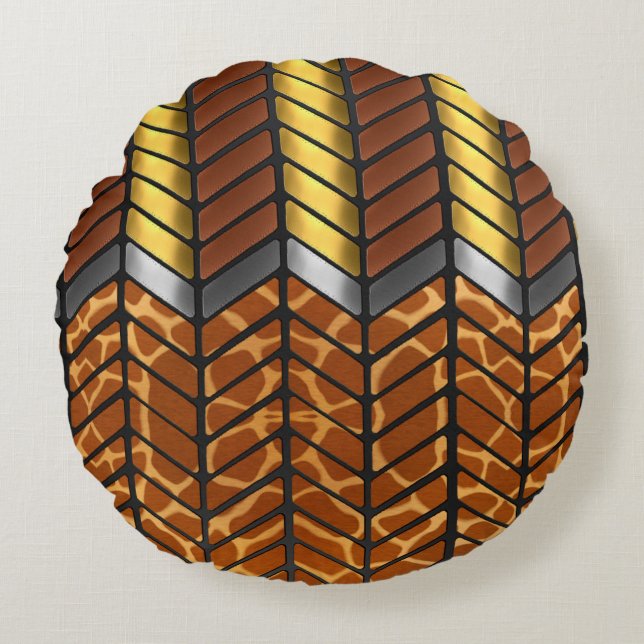 Cojín Redondo Estampado Animal de Jirafa Chevron Zigzag Moderno (Anverso)