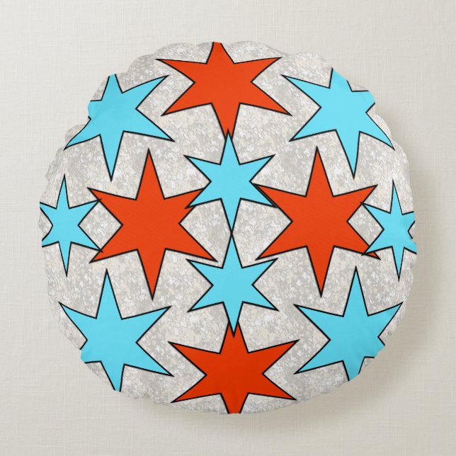 Cojín Redondo Estampado de estrellas azules y rojas (Anverso)