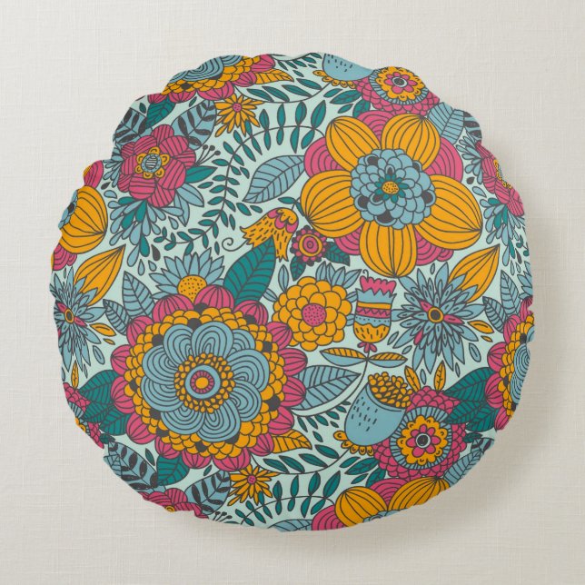 Cojín Redondo Estampado de flores colorido (Anverso)