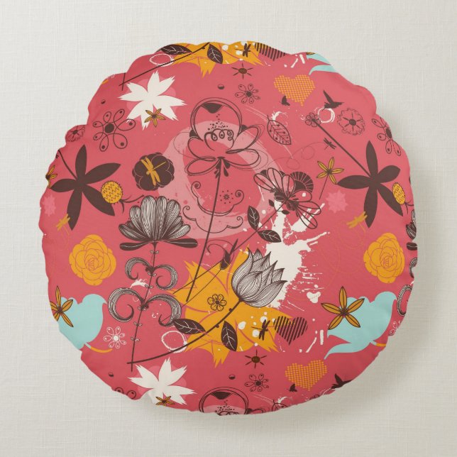 Cojín Redondo Estampado de flores retro 7 (Anverso)