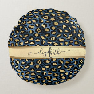 Cojín Redondo Estampado de Leopardo Azul Monograma Dorado