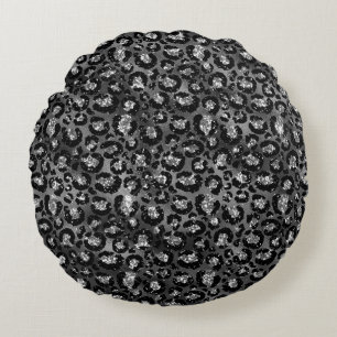 Cojín Redondo Estampado de leopardo negro y gris plateado