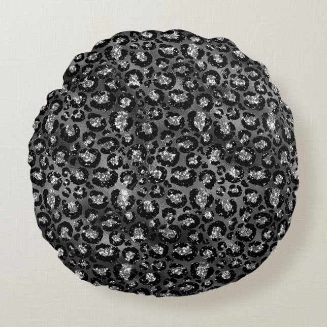 Cojín Redondo Estampado de leopardo negro y gris plateado (Anverso)