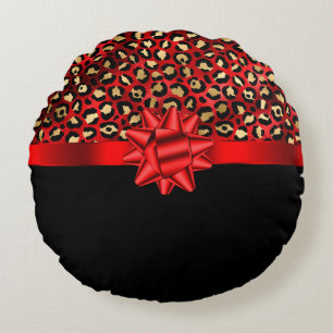 Cojín Redondo Estampado de leopardo rojo, dorado y negro con laz