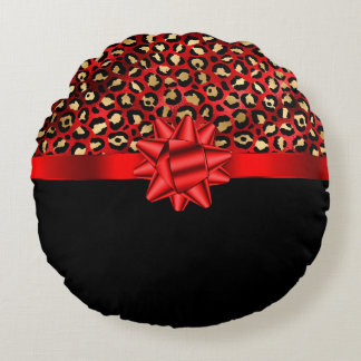 Cojín Redondo Estampado de leopardo rojo, dorado y negro con laz