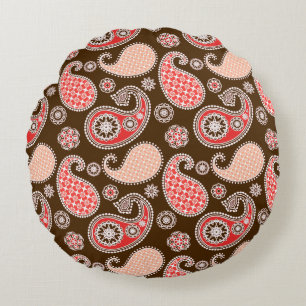 Cojín Redondo estampado de paisley, coral y marrón chocolate