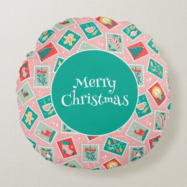 Cojín Redondo Estampillas de retro Navidades (Anverso)