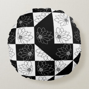 Cojín Redondo Estética floral a cuadros en blanco y negro con es