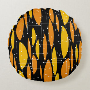 Cojín Redondo Estilo atómico, patrón geométrico naranja negro.