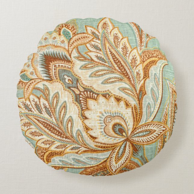 Cojín Redondo Estilo de damasco azul (Anverso)