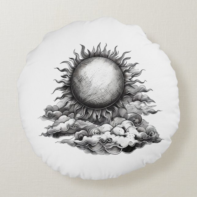 Cojín Redondo Estilo de esbozo del lápiz solar y lunar (Reverso)