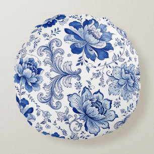 Cojín Redondo Estilo Delft Azul Blanco Flores Fantasía Caprichos
