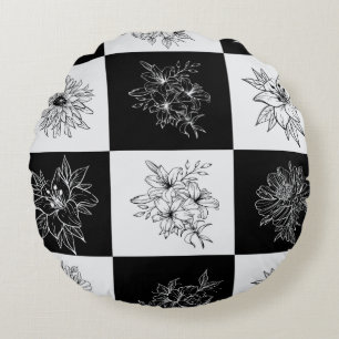 Cojín Redondo Estilo estético floral a cuadros en blanco y negro
