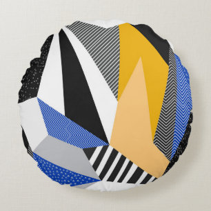 Cojín Redondo Estilo Memphis: Collage geométrico creativo.