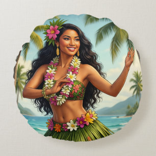 Cojín Redondo Estilo vintage chica hula hawaiana viaje