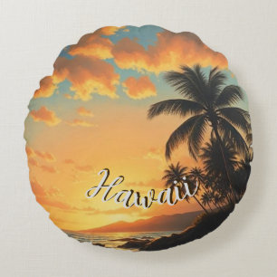 Cojín Redondo Estilo vintage hawaiano viaje costa mar atardecer