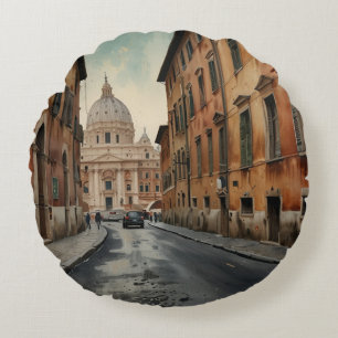 Cojín Redondo Estilo Vintage Roma Viaje Italiano Acuarela