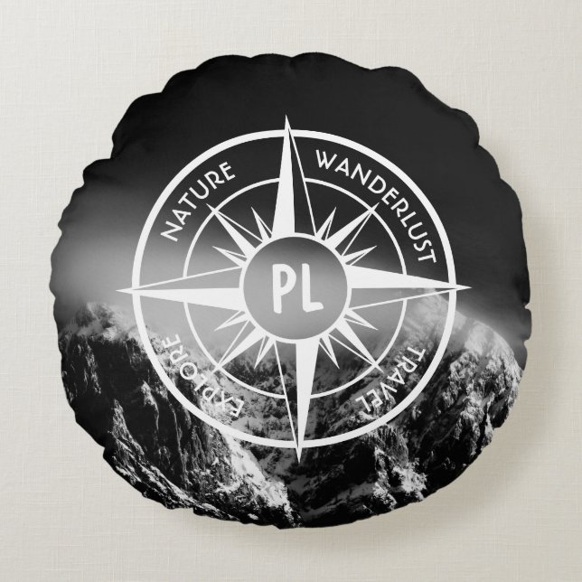 Cojín Redondo Estrella de brújula emblema monopólico montañas dr (Anverso)