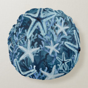 Cojín Redondo Estrella de Mar Coral Azul Patrón Playero