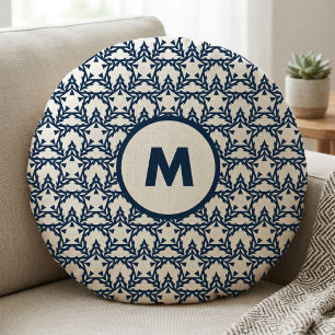 Cojín Redondo Estrella Geométrica Azul Moderna Personalizada