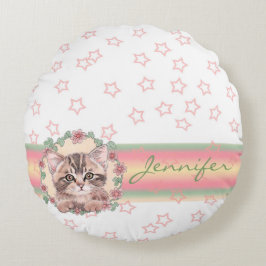 Cojín Redondo Estrella Monogramada Cute Kitten Floral Rosa