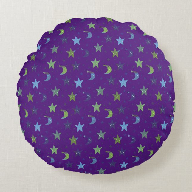 Cojín Redondo Estrellas y lunas singulares en morado (Anverso)