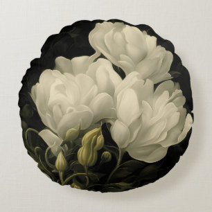 Cojín Redondo Estudio de una flor peónica en blanco