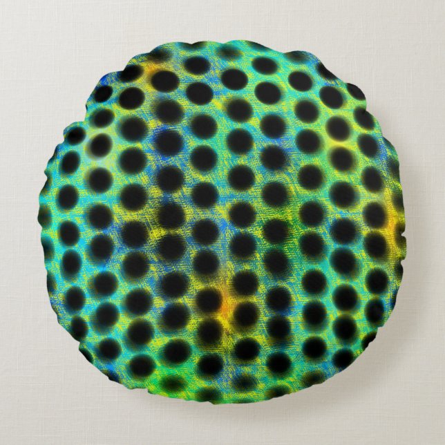 Cojín Redondo esverdeada de círculos pretos e bagunçada atrás (Anverso)