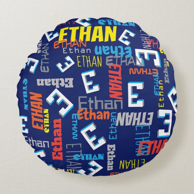 Cojín Redondo Ethan nombre personalizado píxel E juego azul gráf (Anverso)
