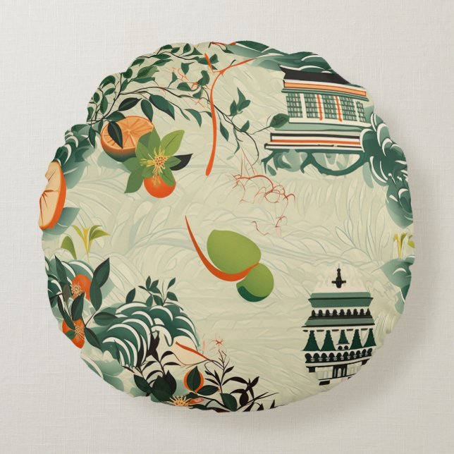 Cojín Redondo Ethereales Orangenmuster mit Zen-Tempeln (Anverso)