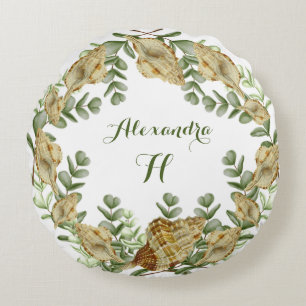 Cojín Redondo Eucalyptus Greenery Watercolor Seashell