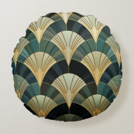 Cojín Redondo Eventails Art Déco - Or sur Émeraude