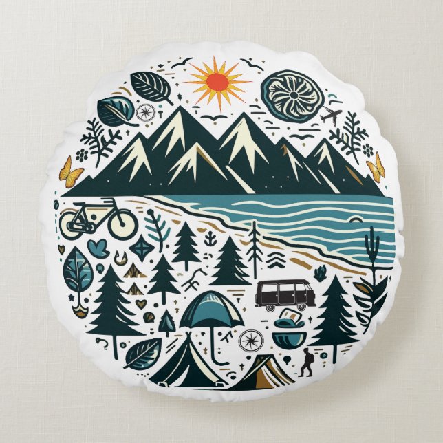 Cojín Redondo Exploración de viajes en camping de aventura natur (Anverso)