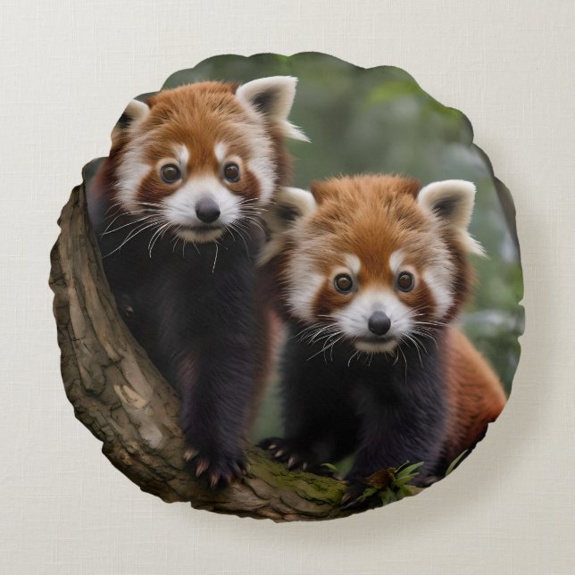 Cojín Redondo "Exploradores de la cubierta del árbol: Pandas roj (Anverso)