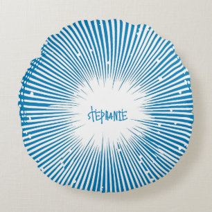 Cojín Redondo Explosión de arte pop de estilo cómico - azul y bl