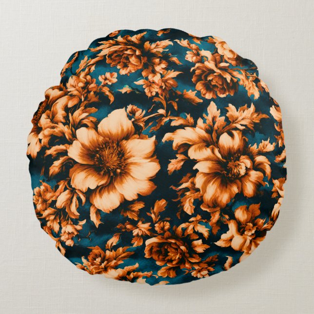Cojín Redondo Exquisitas y lujosas flores doradas, hojas en azul (Anverso)
