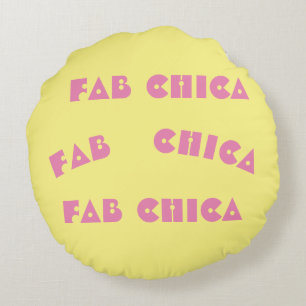 Cojín Redondo FAB CHICA LOGO rosa vibrante sobre limón crema
