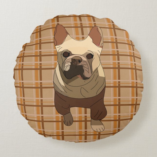 Cojín Redondo Fall Plaid French Bulldog (Anverso)