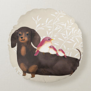 Cojín Redondo Familia Dachshund y Aves