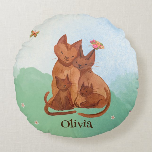 Cojín Redondo Familia de gatos amorosos (Anverso)