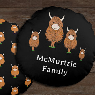 Cojín Redondo Familia personalizada de vacas de Highland
