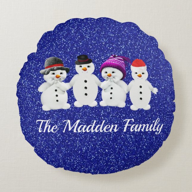 Cojín Redondo Family of Four Snowmen Blue Sparkle Winter (Anverso)