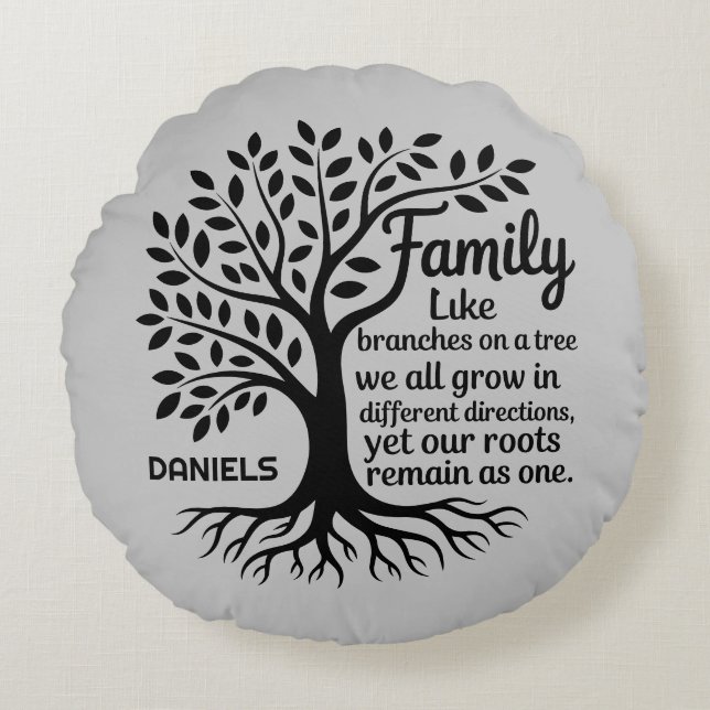 Cojín Redondo Family Tree Black & Gray Personalized (Anverso)