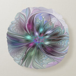 Cojín Redondo Fantasía abstracta moderna fractal floral colorida