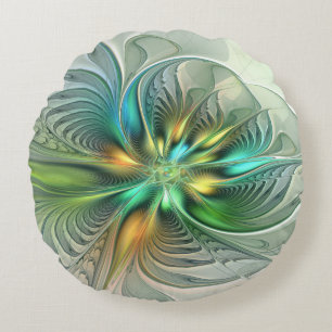 Cojín Redondo Fantasía colorida Resumen Flor Arte Fractal