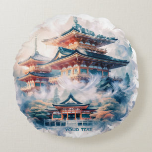 Cojín Redondo Fantasía Cuidada Templo Japonés
